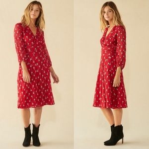 ba&sh paris memory wrap dress longsleeve floral silk blend waist tie rogue red 6